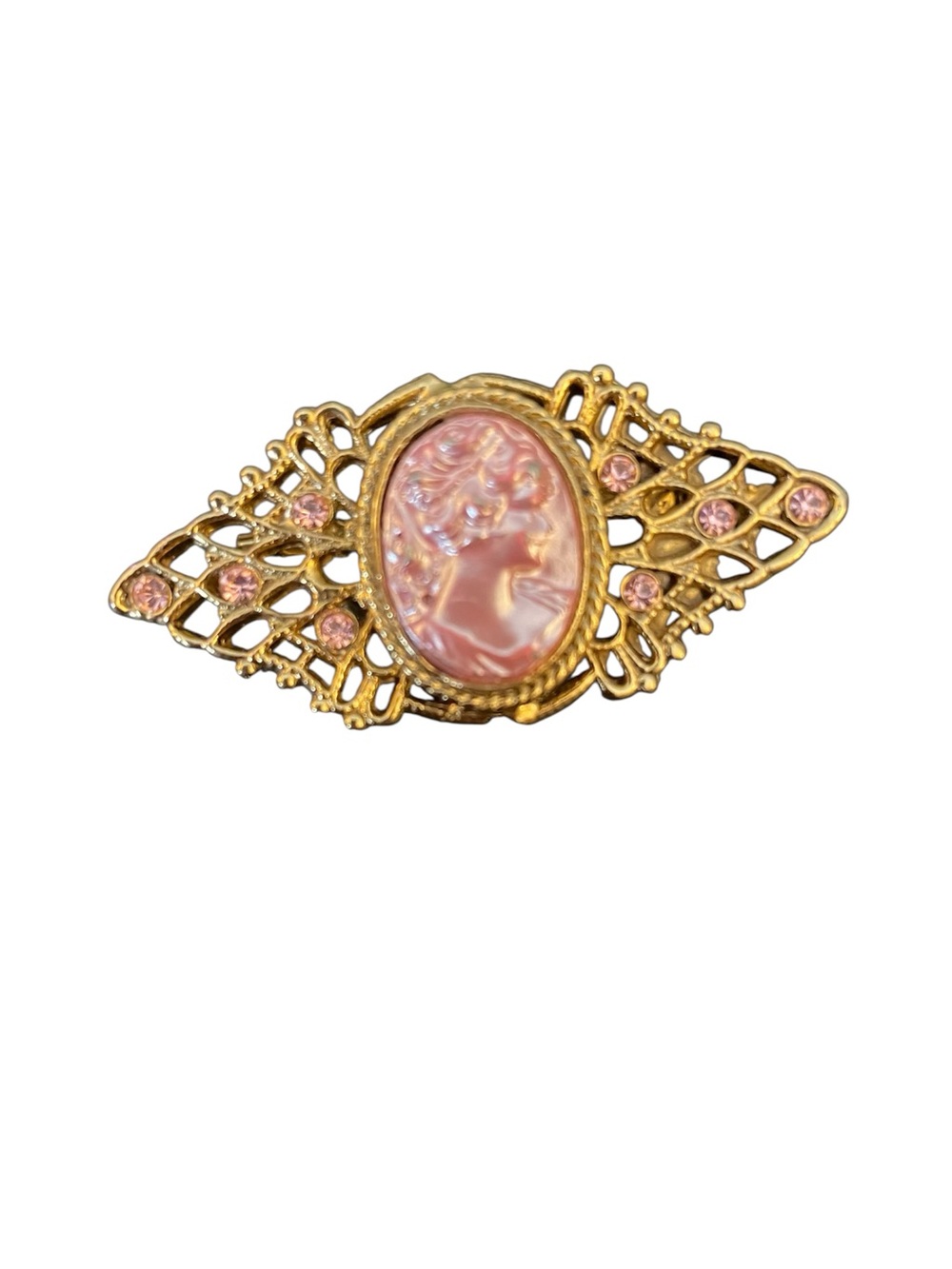 Cameo Brooch Pin Gold Tone Pink Oval Rhinestone 2" Unisex Adults
